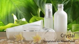  Presentation with salt - Colorful slide deck enhanced with herbal cosmetics - spa still life with perfume backdrop and a coral colored foreground