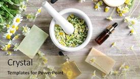  Presentation with cosmetics beauty cosmetic white - Cool new PPT layouts with herbal product - composition with cosmetics and chamomile backdrop and a coral colored foreground