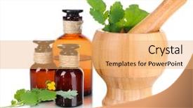  Presentation with herbal medicine - Presentation with herbal remedies - blooming celandine with medicine bottles background and a yellow colored foreground