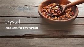  Presentation with round table - Theme with herbal tea in a round bowl with a spoon on wooden table close up background and a violet colored foreground