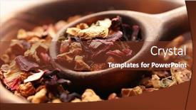  Presentation with round table - Slide set consisting of herbal tea in a round bowl with a spoon on wooden table close up background and a tawny brown colored foreground