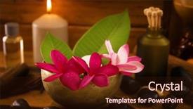  Presentation with flower candles - Slide deck consisting of herbal thai massage - spa setting with frangipani flower background and a wine colored foreground