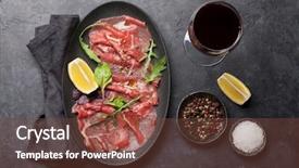  Presentation with red wine cheese - Presentation having herbs alcohol - marbled beef carpaccio with arugula background and a tawny brown colored foreground