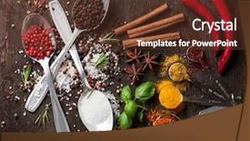 Presentation with empty of wood table top - Slides with herbs and spices on wooden background and a  colored foreground
