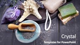  Presentation with wellness products - Colorful theme enhanced with herbs candles - lavender spa setting wellness theme backdrop and a dark gray colored foreground