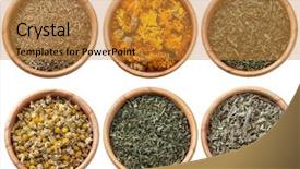  Presentation with tea variety - Colorful slide set enhanced with herbs in wooden bowl backdrop and a gold colored foreground