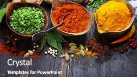 Presentation with spices - Presentation theme consisting of herbs over wood food background and a dark gray colored foreground