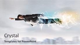  Presentation with superman - Theme having hero superman flying above city with smoke left behind concept background and a light gray colored foreground