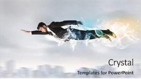  Presentation with superman - Audience pleasing presentation design consisting of hero superman flying above city with smoke left behind concept backdrop and a light gray colored foreground