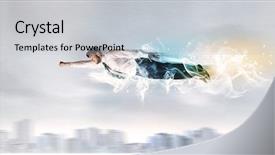  Presentation with superman - Theme enhanced with hero superman flying above city background and a light gray colored foreground