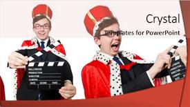  Presentation with clapboard - Presentation theme featuring heroes movies - man with movie clapboard isolated background and a coral colored foreground