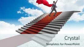  Presentation with climbing stairs - Beautiful presentation featuring heroes movies - superhero businessman climbing red carpet backdrop and a sky blue colored foreground