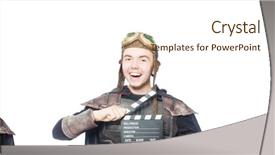  Presentation with funny - Slides with heroes movies - young funny man in armour background and a  colored foreground