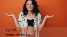  Presentation with doubts - Beautiful slides featuring hesitant-smiling-pretty-young-woman backdrop and a red colored foreground