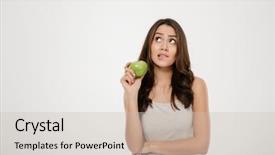  Presentation with green fresh food - Audience pleasing PPT theme consisting of hesitation - portrait of puzzled woman looking backdrop and a soft green colored foreground