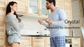  Presentation with husband and wife - Presentation enhanced with heterosexual couple disagreement - annoyed displeased young bearded husband background and a soft green colored foreground