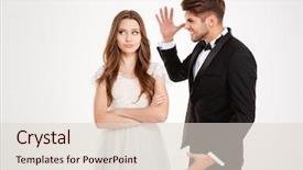  Presentation with stressed - Amazing slide deck having heterosexual couple disagreement - closeup portrait of stressed isolated backdrop and a  colored foreground