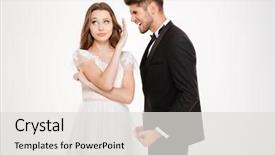  Presentation with close up baby girl knitted - Cool new theme with heterosexual couple disagreement - girl closes a guy isolated backdrop and a  colored foreground