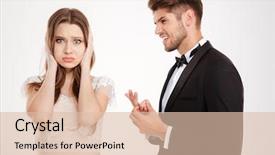  Presentation with young man and a woman - Audience pleasing PPT theme consisting of heterosexual couple disagreement - young woman turned away backdrop and a  colored foreground