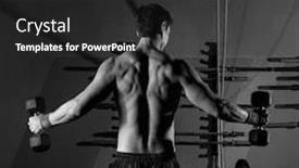  Presentation with gym out and back - Amazing PPT theme having hex dumbbells man workout rear view back exercise at gym box backdrop and a dark gray colored foreground
