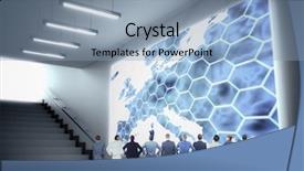  Presentation with design team - Slide deck featuring hexagon design - business team against grey room background and a light blue colored foreground