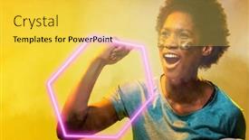  Presentation with female soccer - Slide deck consisting of hexagon-neon-over-african-american background and a yellow colored foreground