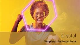  Presentation with female soccer - Theme having hexagon-neon-over-happy-african background and a gold colored foreground