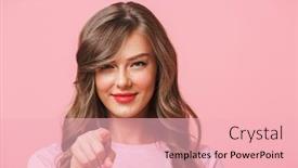  Presentation with long hair - Presentation with hey you closeup photo of flirty lovely woman with long curly brown hair looking at camera and pointing finger isolated over pink background background and a lemonade colored foreground