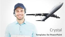  Presentation with courier - Beautiful theme featuring hhappy male courier man wearing headset against graphic airplane backdrop and a white colored foreground