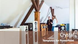  Presentation with salesman - Theme with hi - couple buying new home stereo background and a tawny brown colored foreground