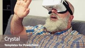 Presentation with touch screen virtual reality - Theme enhanced with hi rise - senior caucasian man rising his background and a gray colored foreground