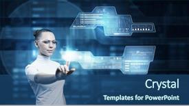  Presentation with touch screen virtual reality - Audience pleasing presentation design consisting of hi tech technology - girl working with virtual screen backdrop and a ocean colored foreground