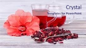  Presentation with hibiscus - PPT theme featuring hibiscus tea in glass teapot background and a sky blue colored foreground