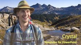  Presentation with backpack - Slides having hicks - smiling mountain guide background and a tawny brown colored foreground