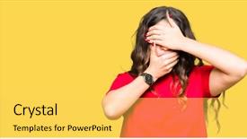  Presentation with emotion - Audience pleasing slide deck consisting of young beautiful woman wearing casual t-shirt covering eyes and mouth with hands surprised and shocked hiding emotion backdrop and a yellow colored foreground