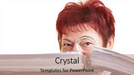  Presentation with elderly - Slide set having hideout - elderly business woman hiding behind background and a coral colored foreground