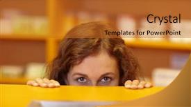  Presentation with pharmacy - PPT layouts with hideout - female pharmacist looking up behind background and a  colored foreground