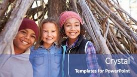  Presentation with children at camp - Amazing slide deck having hideout - group of children playing backdrop and a teal colored foreground