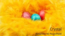  Presentation with eggs egg carton egg box - Audience pleasing PPT layouts consisting of hideout - three colorful easter eggs lie backdrop and a gold colored foreground
