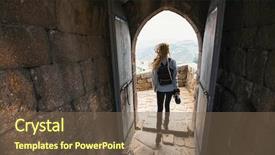  Presentation with medieval - Colorful PPT theme enhanced with hideout - woman with the camera explores backdrop and a violet colored foreground