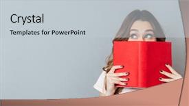  Presentation with pretty girl - Slide set featuring hiding behind an open book background and a light gray colored foreground