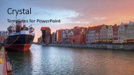  Presentation with river port - Slide deck enhanced with hidtorial - old town of gdansk background and a light blue colored foreground