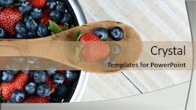  Presentation with angel - Cool new presentation theme with high angel photo of a strawberry and blueberries on a wooden spoon laying across a colander full of berries on a rustic wooden farmhouse style table horizontal format with copy space backdrop and a coral colored foreground