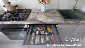  Presentation with kitchen utensils - PPT theme with high-angle-frontal-closeup-view background and a gray colored foreground