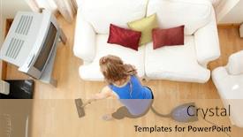  Presentation with living room - Beautiful presentation theme featuring high angle of a blond woman vacuuming in the living-room backdrop and a coral colored foreground