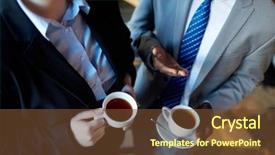  Presentation with two people talking - Cool new PPT theme with high angle of two business people interacting during coffee break unrecognizable businessman talking to colleague gesturing and holding cups with tea backdrop and a tawny brown colored foreground