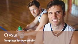  Presentation with basketball players - Slide deck consisting of high angle portrait of basketball players sitting on bench in court background and a coral colored foreground