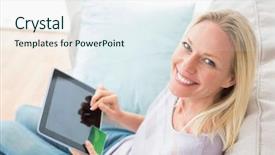  Presentation with online shopping - Colorful slide deck enhanced with high angle portrait of happy woman doing online shopping on digital tablet in living room backdrop and a sky blue colored foreground