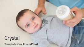  Presentation with milk baby - Slide deck having high angle portrait of innocent baby boy with father feeding milk at counter background and a lemonade colored foreground