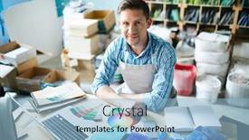  Presentation with modern color - Colorful PPT theme enhanced with high angle portrait of modern artisan looking at camera and smiling while choosing color palette sitting at table in modern workshop copy space backdrop and a light blue colored foreground